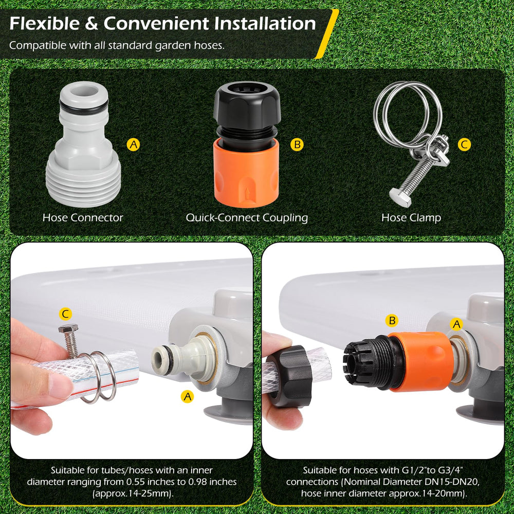 Dyna-Living hose connection ports showing compatibility with common garden hoses benefit