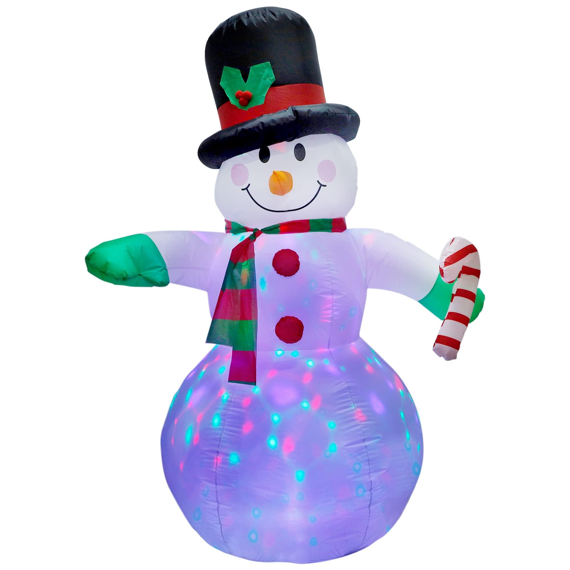 Dynaming snowman lit in yard at night creating festive curb appeal