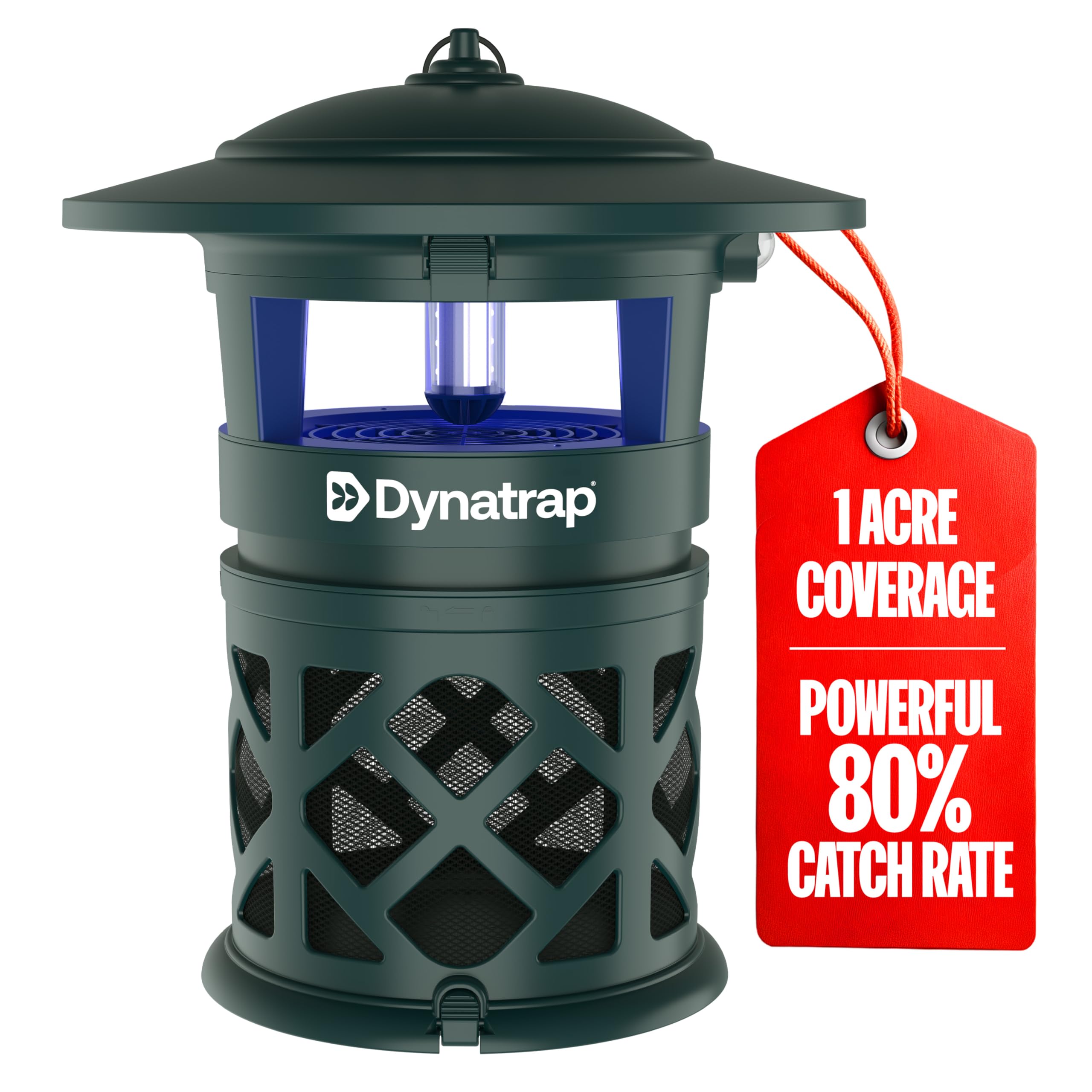 DynaTrap front view showing compact outdoor insect trap and quiet design benefit