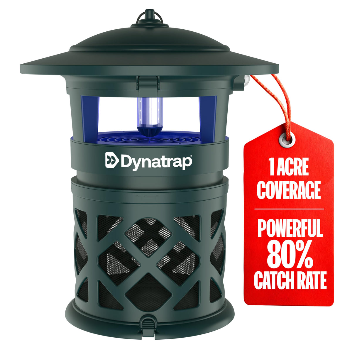 DynaTrap front view showing compact outdoor insect trap and quiet design benefit