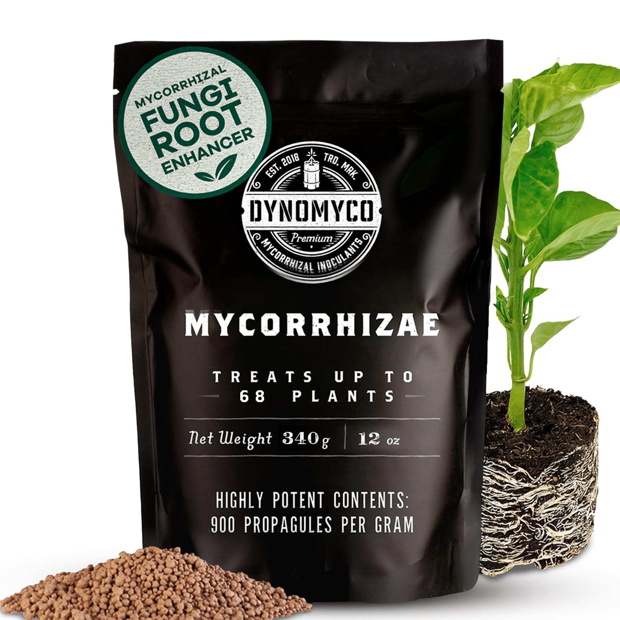 DYNOMYCO front pouch 340g showing label and benefit: healthier roots