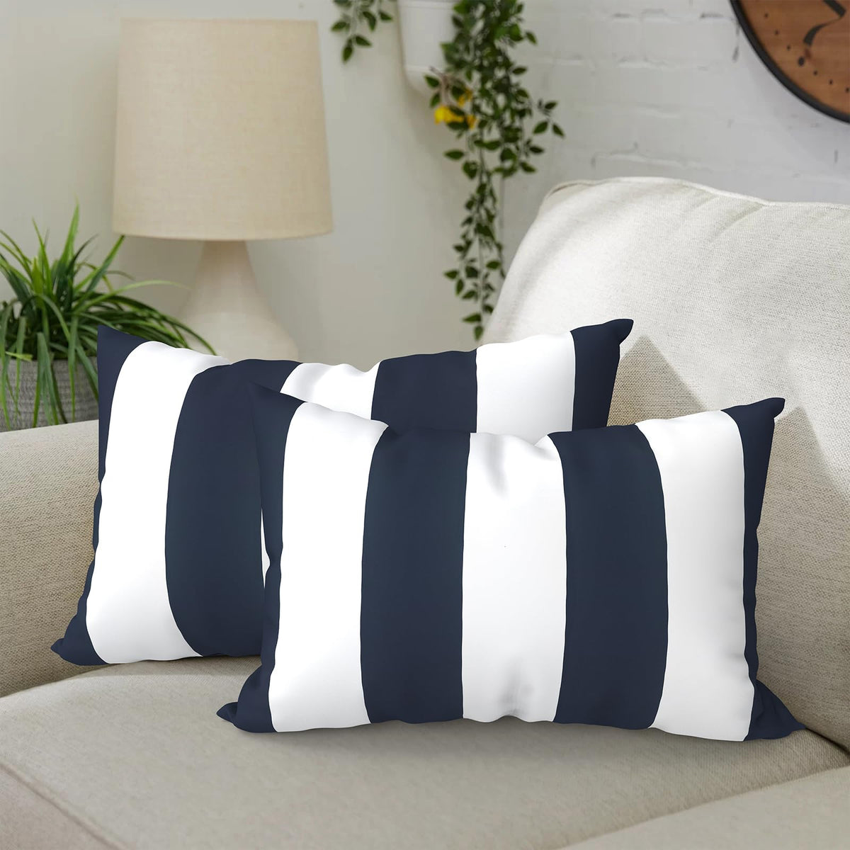 DYTXIII front view of cabana navy lumbar pillow showing pattern and color pop