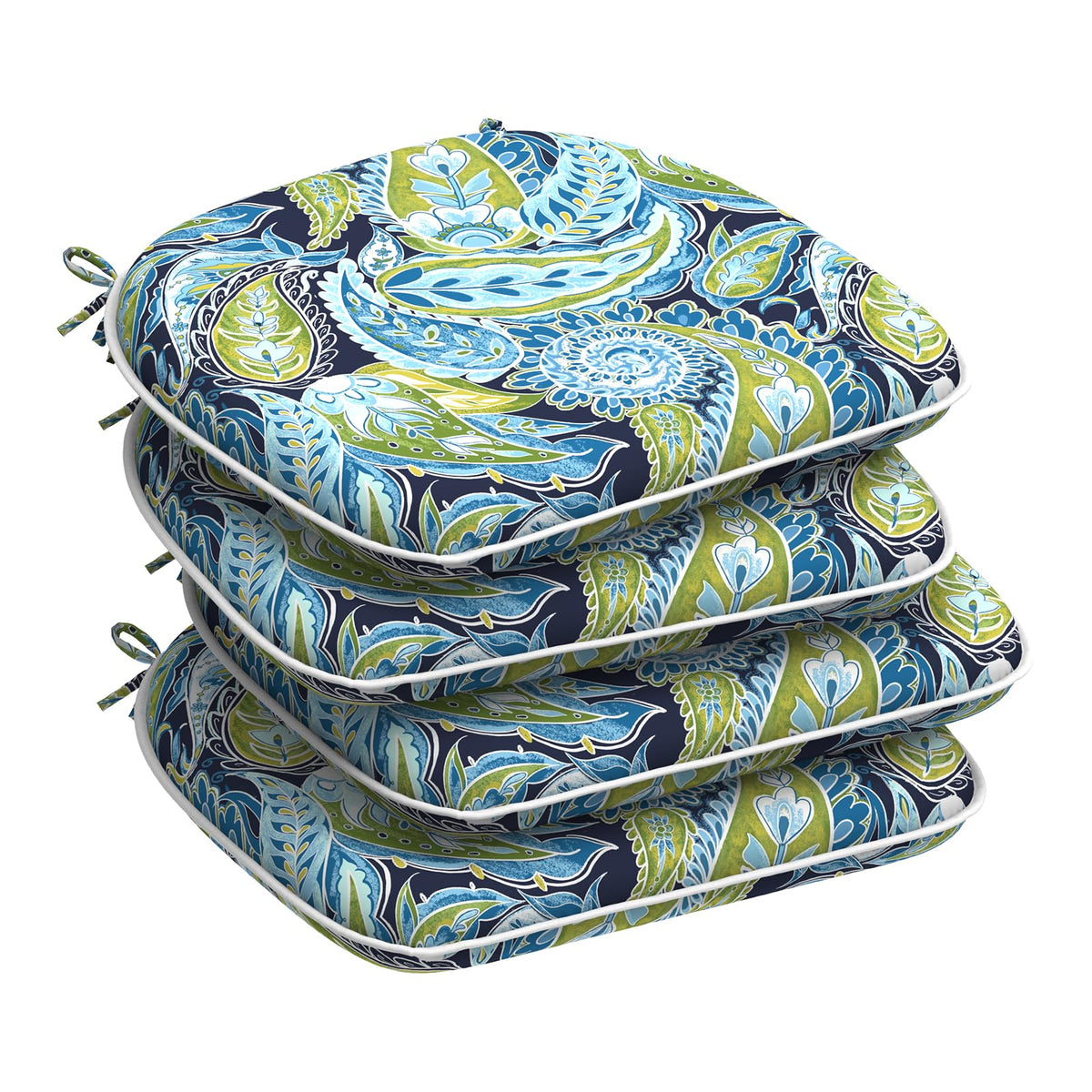 DYTXIII front view of paisley lapis green cushion set showing ties and pattern for coordinated outdoor style