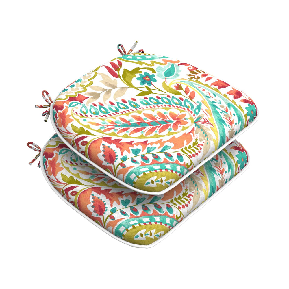DYTXIII front view of two paisley seat cushions showing pattern and ties for stylish comfort