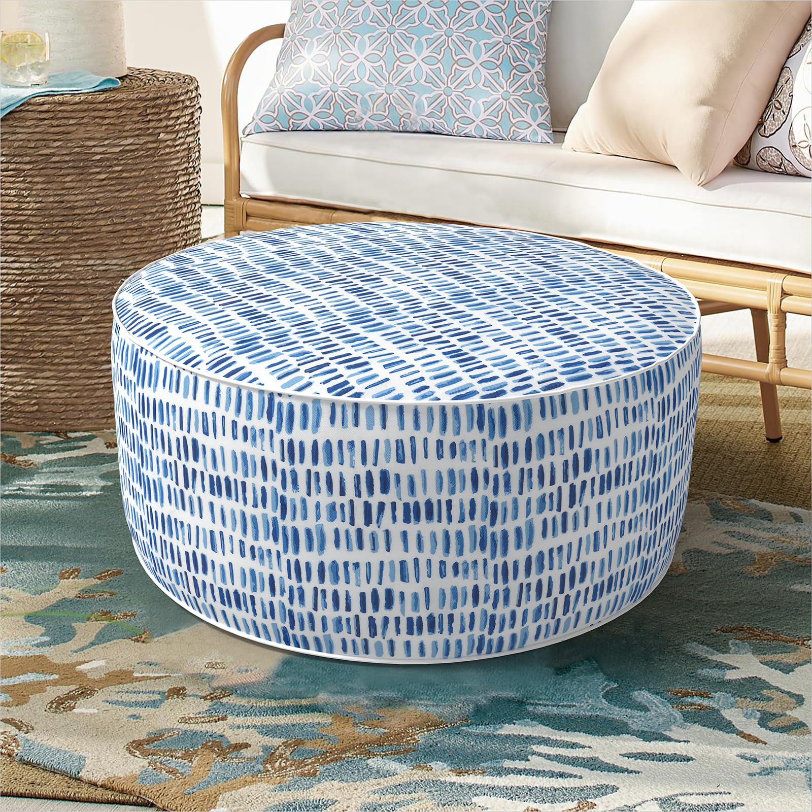 DYTXIII ottoman front view showing pebble blue cover and stable shape benefit