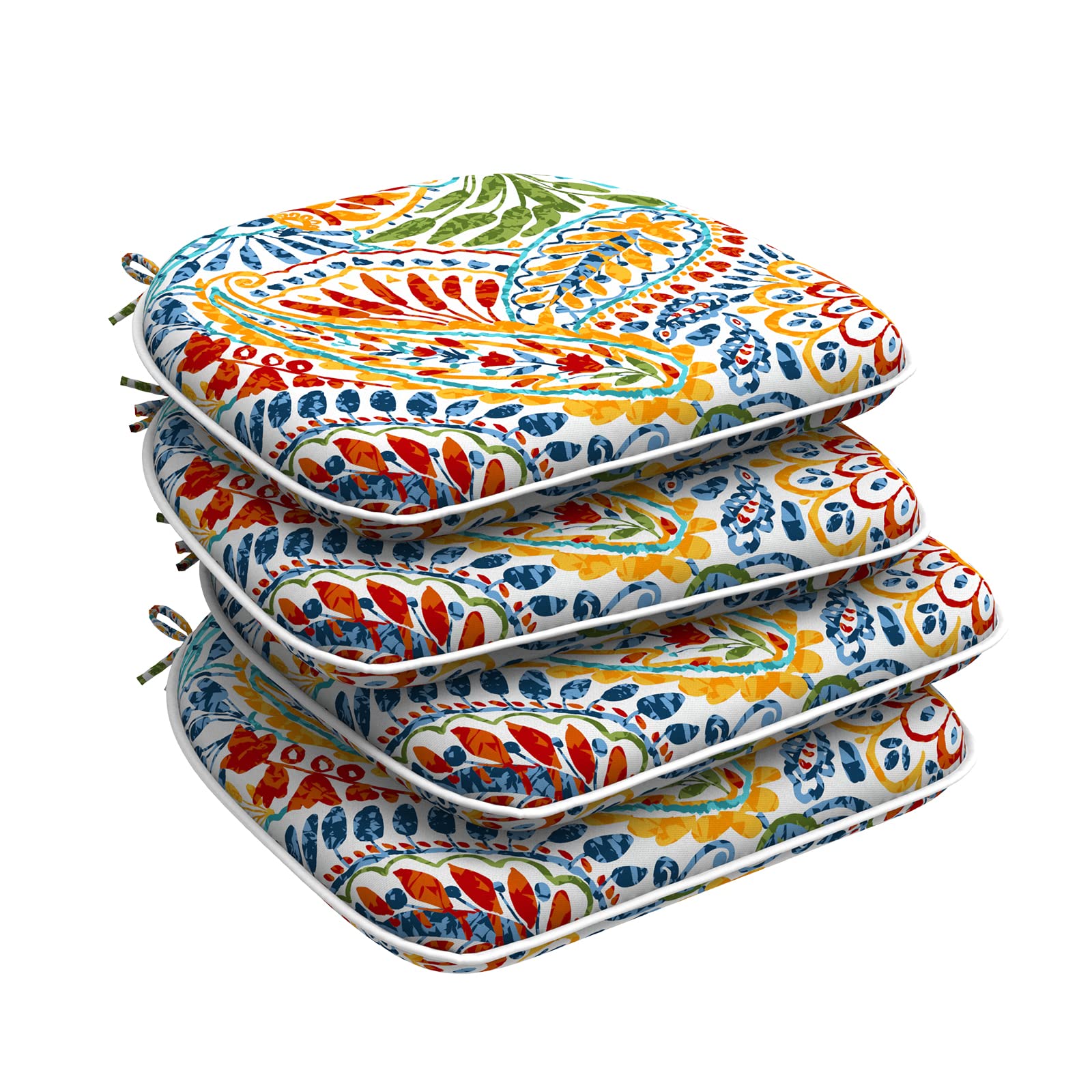 DYTXIII front view of four cushions showing colorful paisley pattern and tidy edges