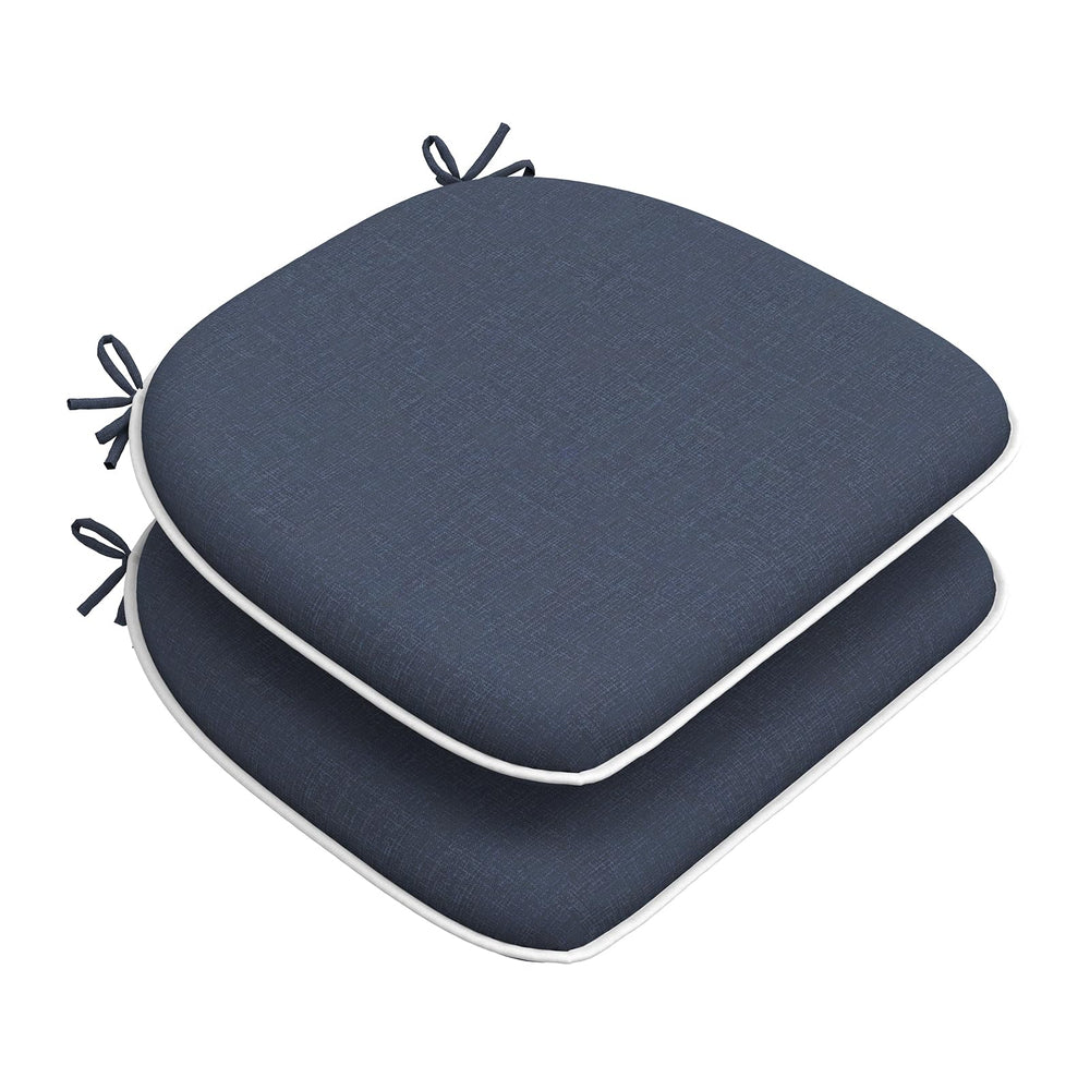 DYTXIII front view of two navy seat cushions showing neat edges and tidy ties for stable seating