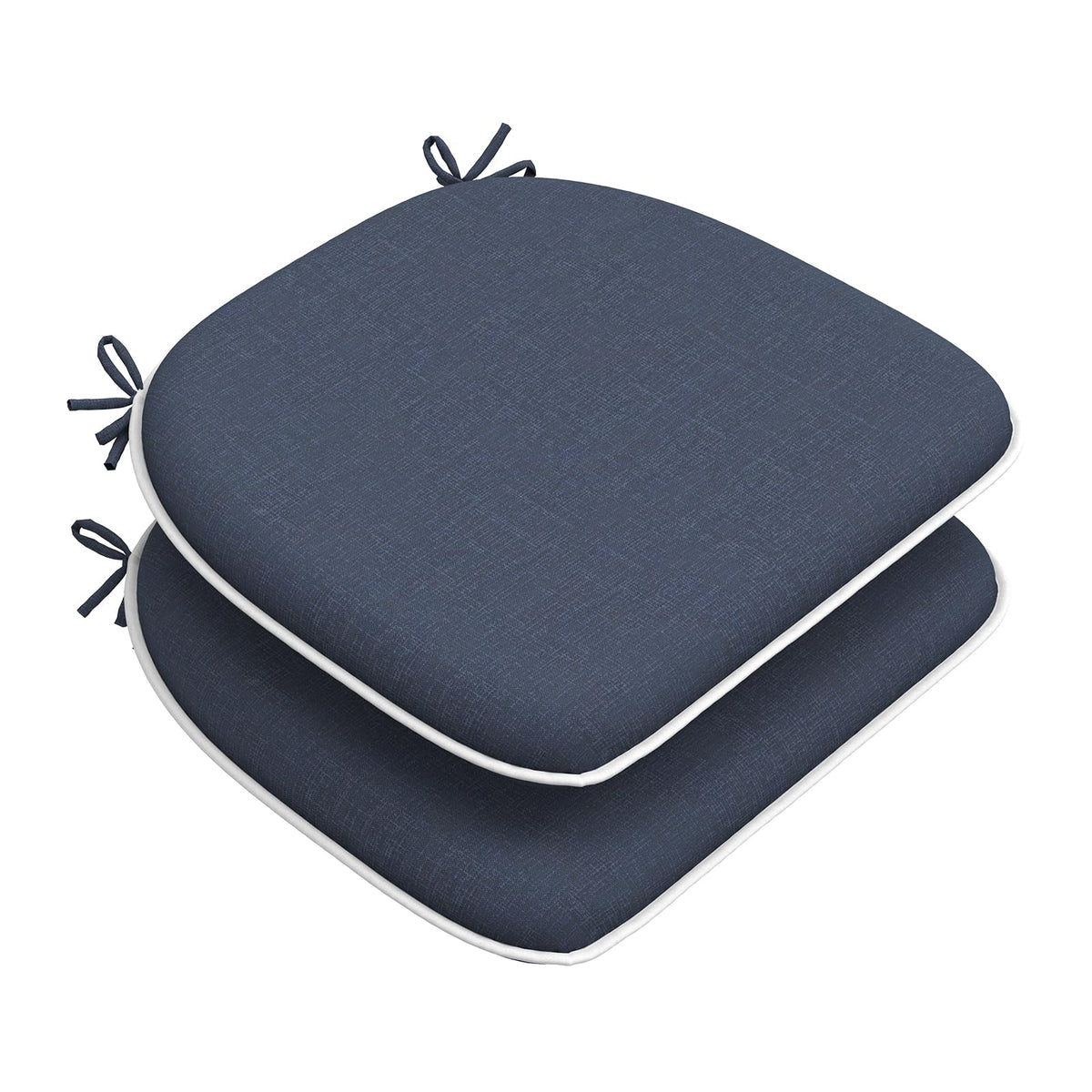 DYTXIII front view of two navy seat cushions showing neat edges and tidy ties for stable seating