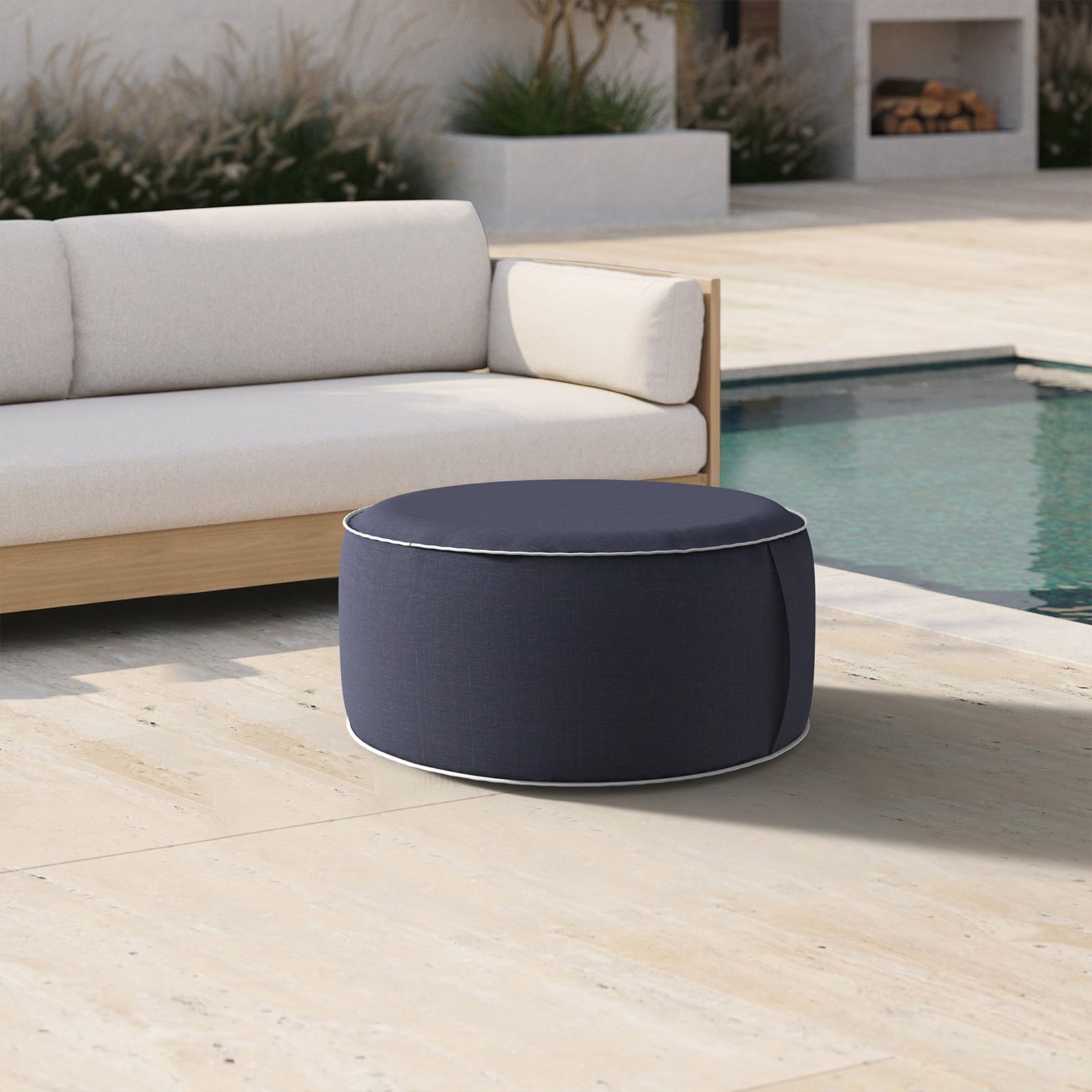 DYTXIII ottoman next to chair for scale showing 21 inch diameter and seating suitability