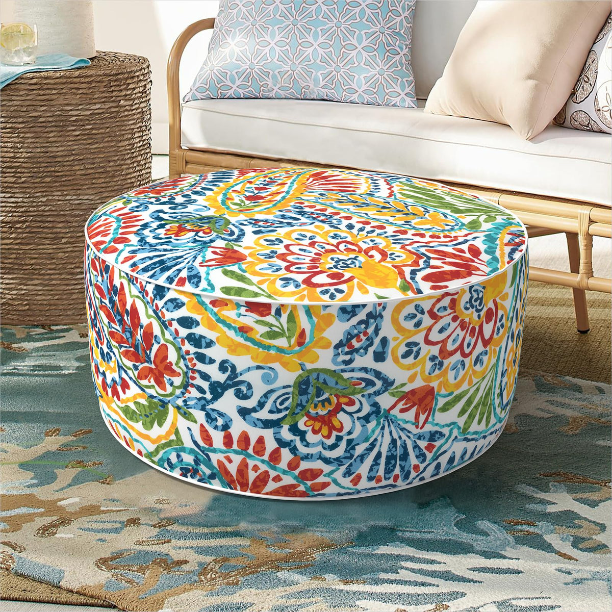 DYTXIII paisley pouf front view showing style and portability