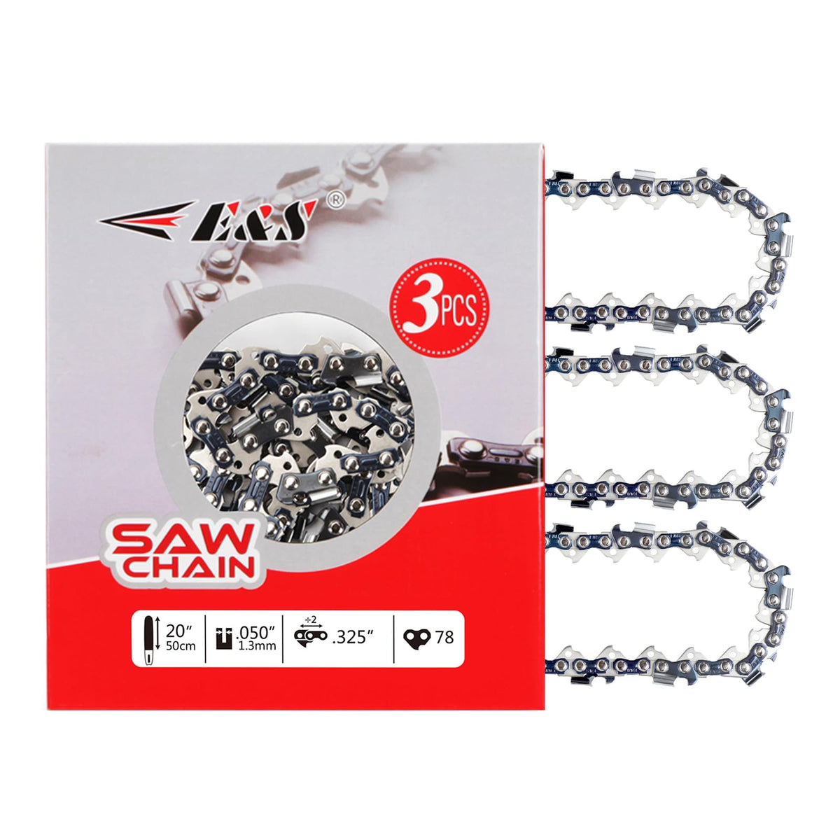 E & S front packaging showing three 20-inch chains and product specs for convenience