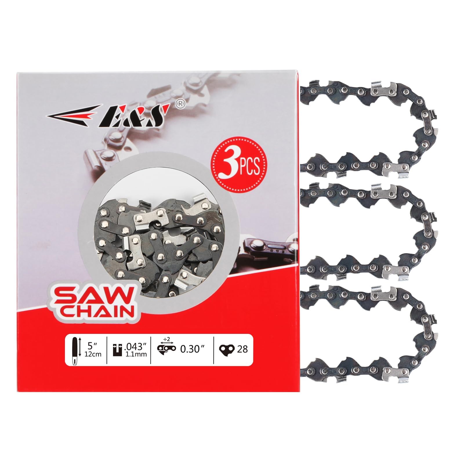 E & S front packaging three-pack chains showing compact replacement convenience