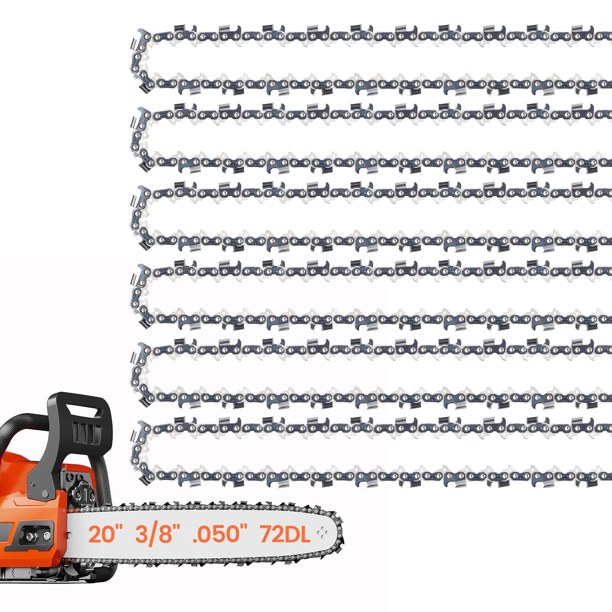 E & S front packaging showing six 20-inch chains and compatibility list for convenience