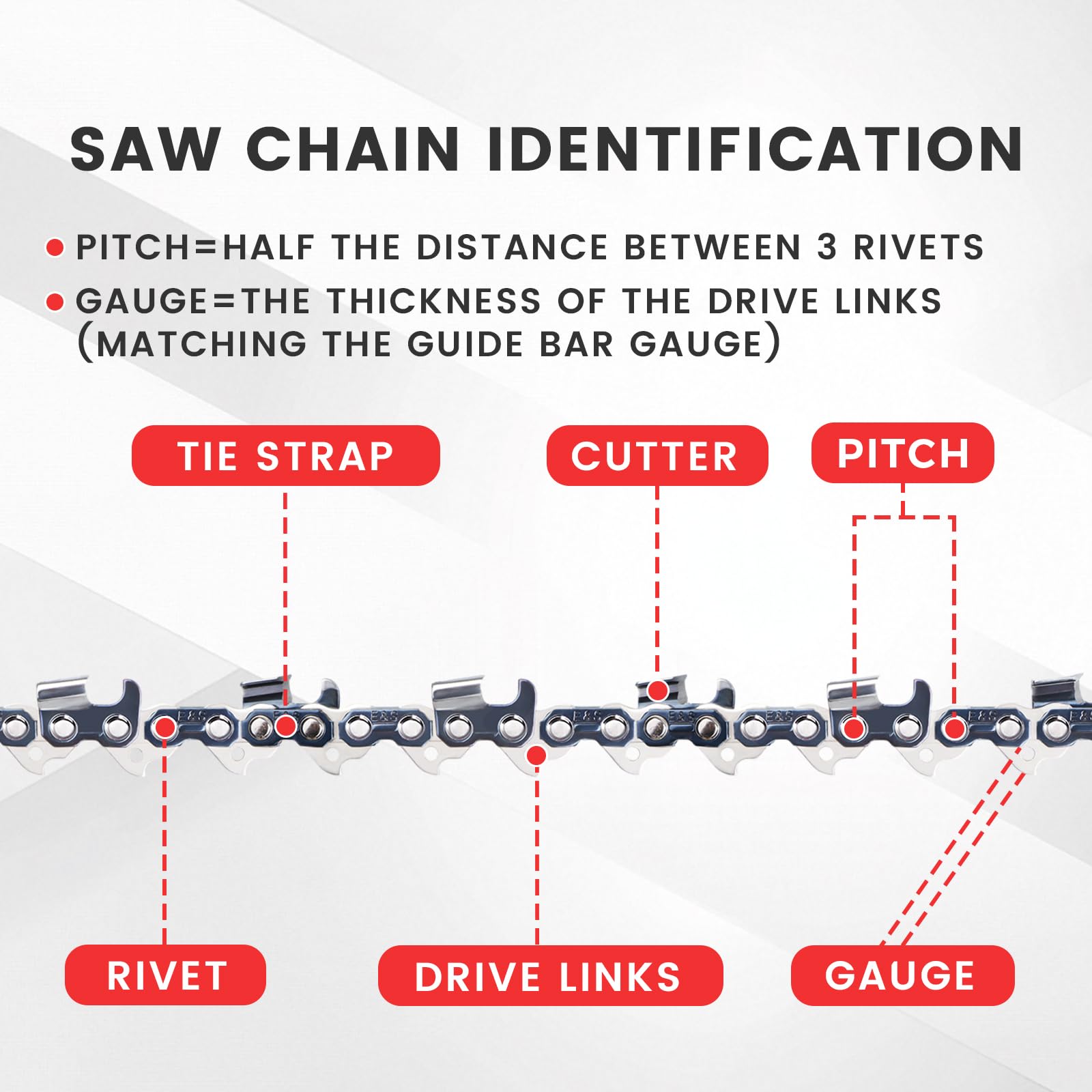 E & S chain next to a ruler showing 20-inch scale for accurate sizing confirmation