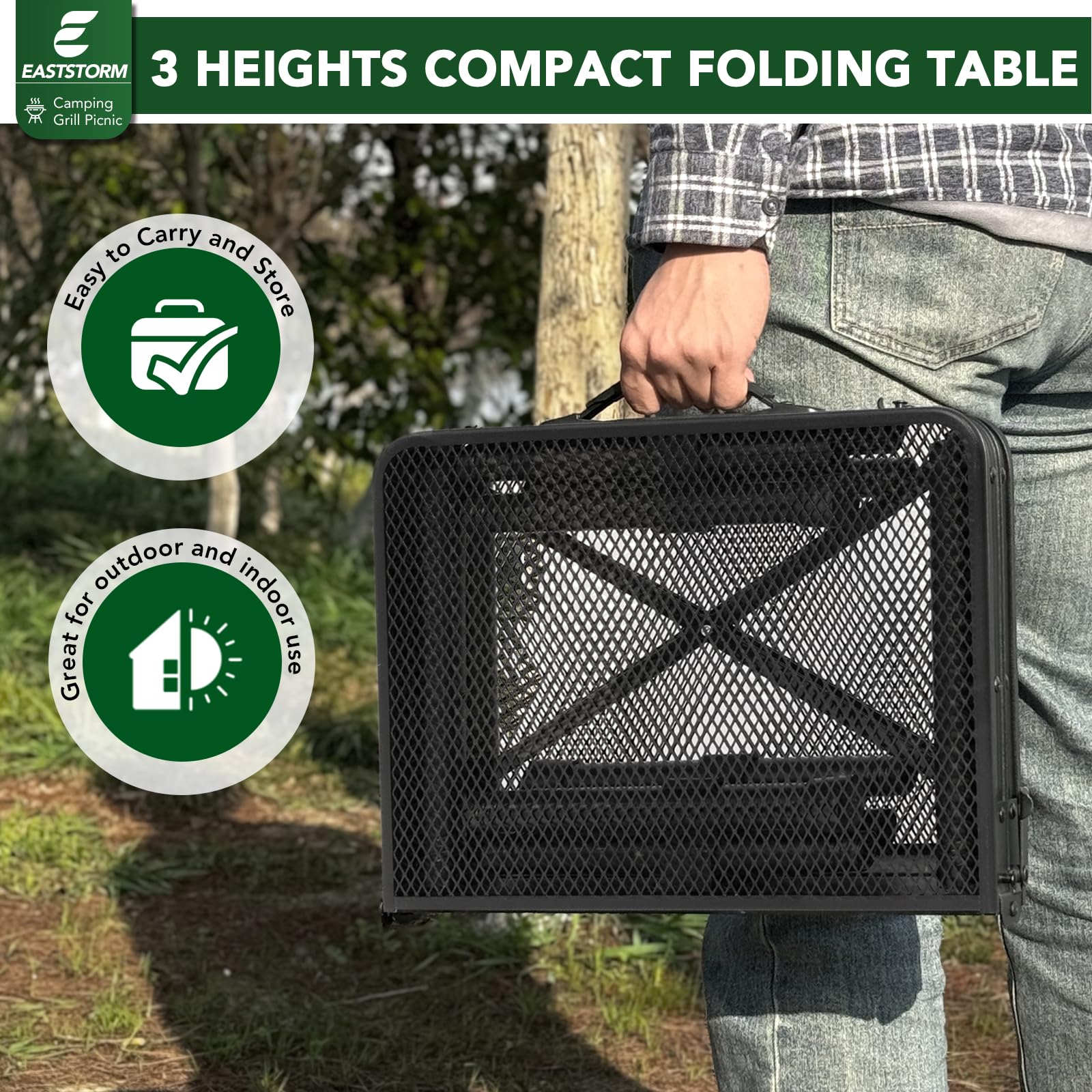 E EASTSTORM on campsite with gear showing outdoor durability and convenience benefit