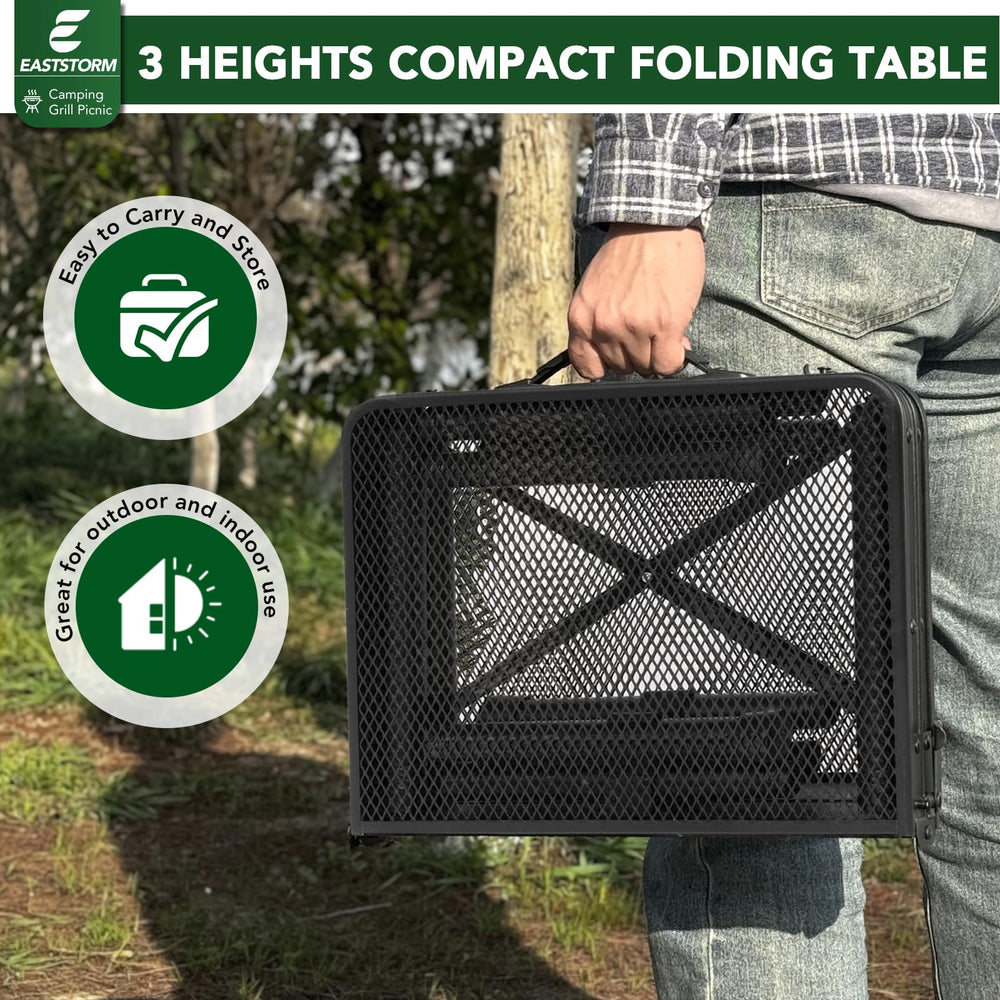 E EASTSTORM on campsite with gear showing outdoor durability and convenience benefit