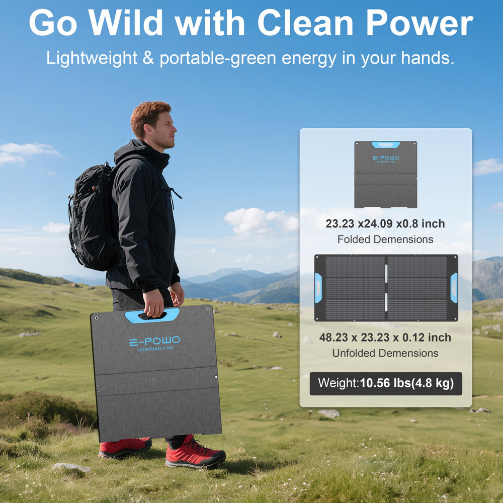 E-POWO unfolded panel catching sun to maximize charging efficiency