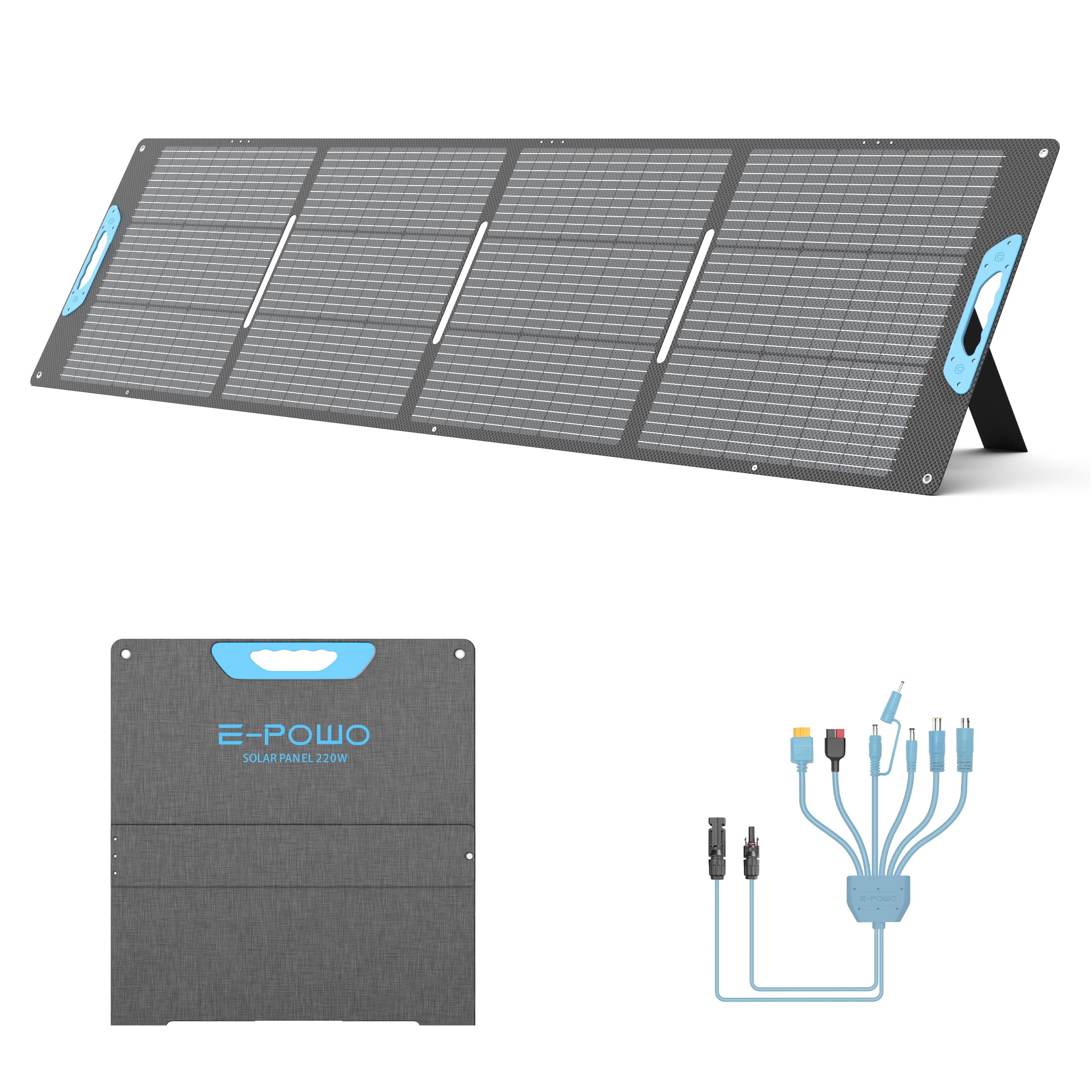 E-POWO folded 220W panel front view showing compact portability and quick transport