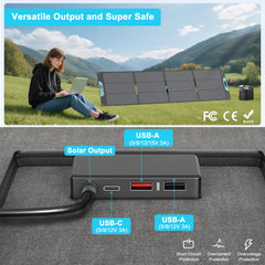 E-POWO unfolded three-panel solar array capturing sunlight for efficient charging