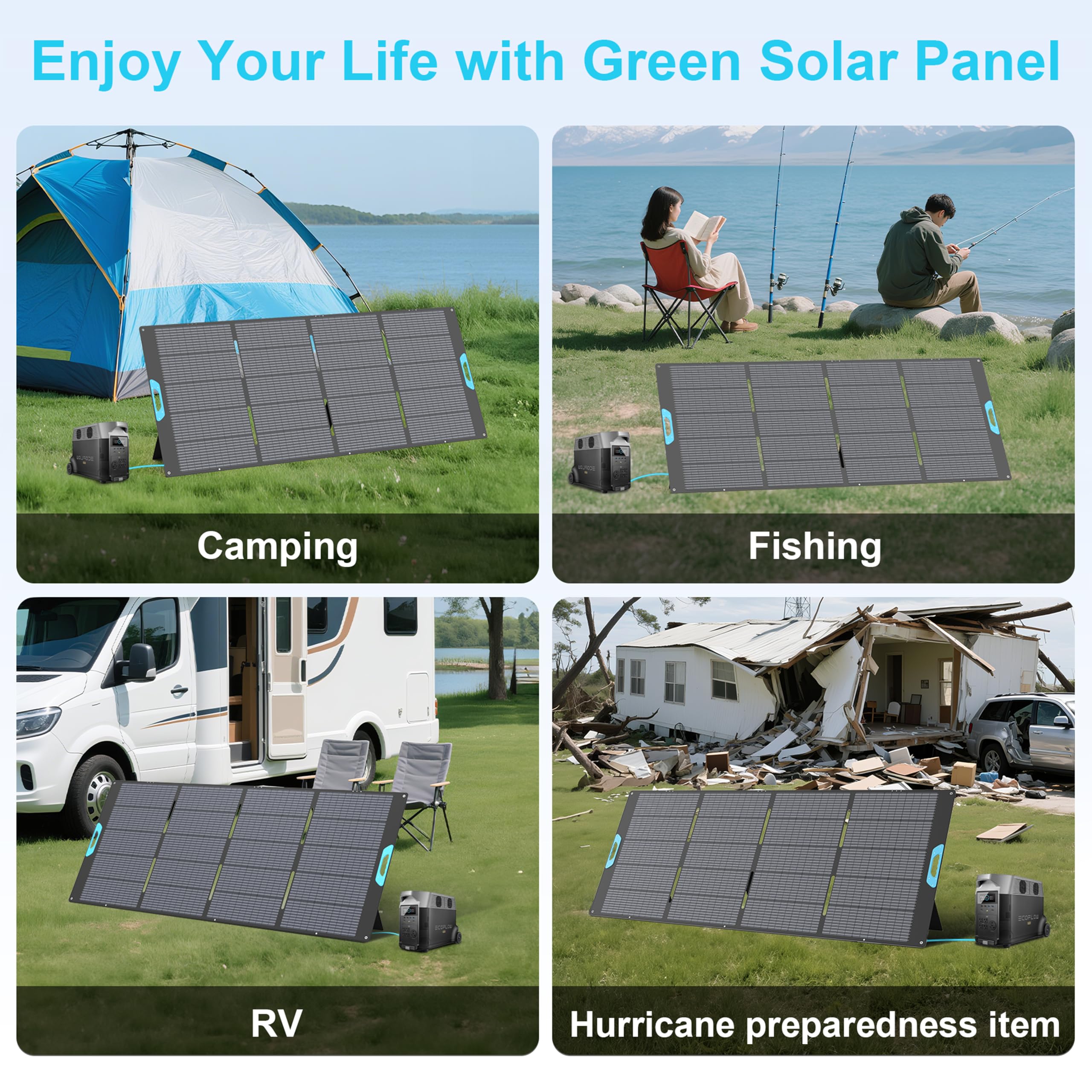 E-POWO 400W panel powering a campsite illustrating off-grid charging convenience
