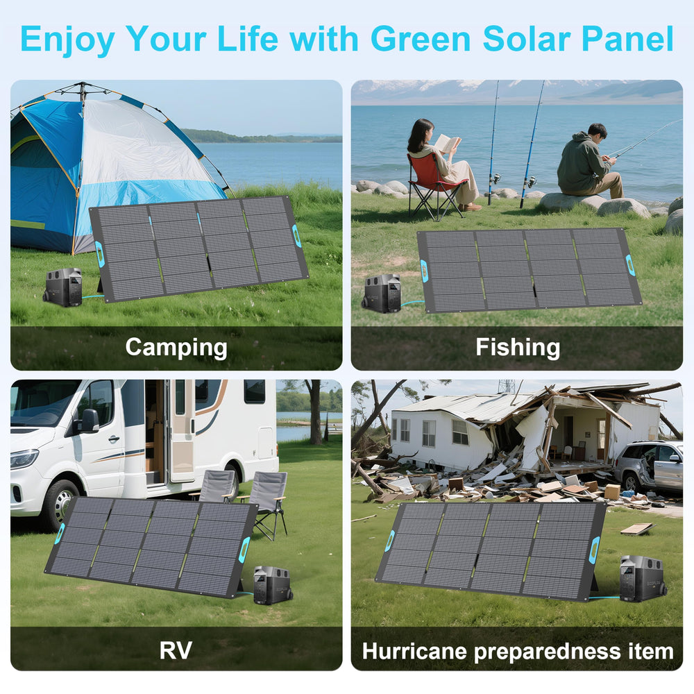 E-POWO 400W panel powering a campsite illustrating off-grid charging convenience