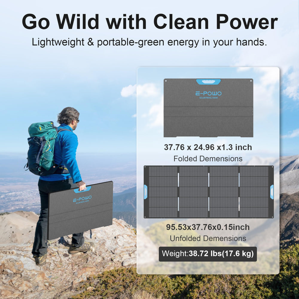 E-POWO unfolded 400W solar panel top view capturing sunlight efficiently
