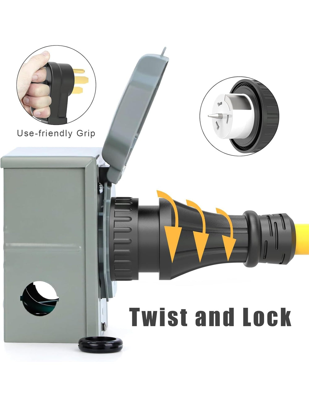 E-SDS close-up of twist-lock plug and finger grip for secure, easy connections