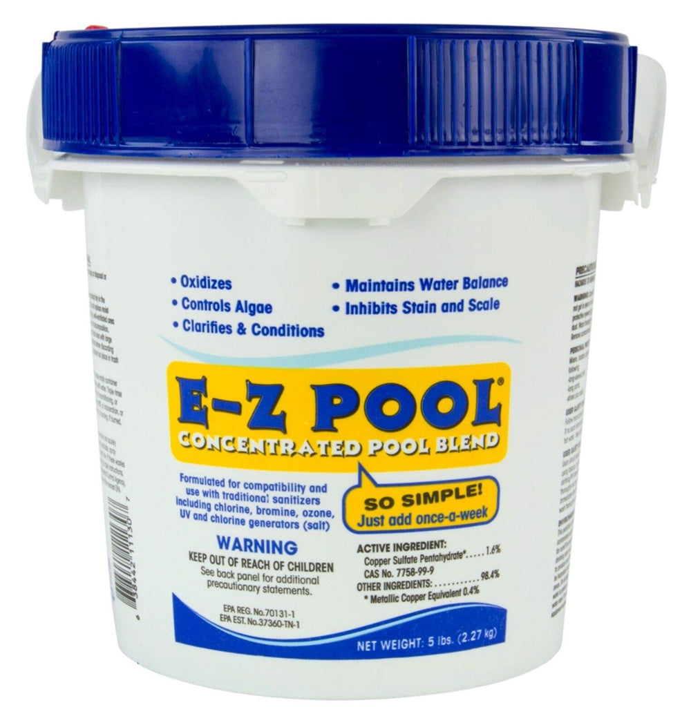 E-z Pool front view of 5 lb bucket showing label and weekly care benefits