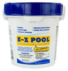 E-z Pool front view of 5 lb bucket showing label and weekly care benefits