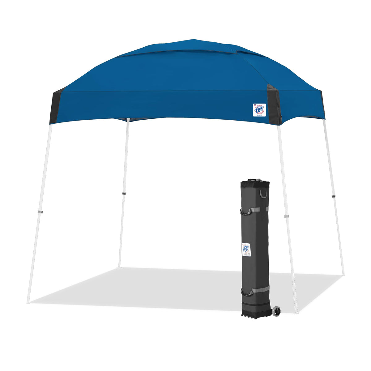 E-Z UP canopy front view showing royal blue shelter and clear headroom benefit
