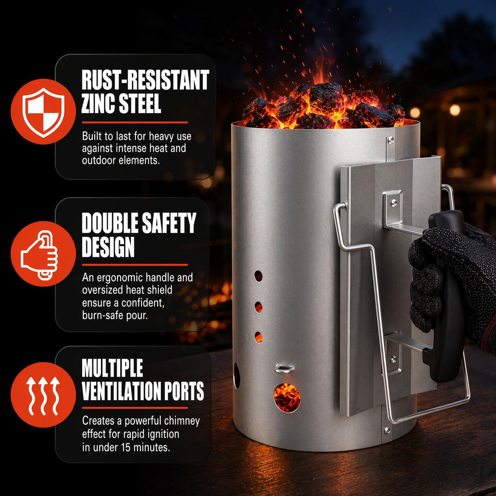 E500 chimney loaded with charcoal ready to light showing efficient airflow and faster coals