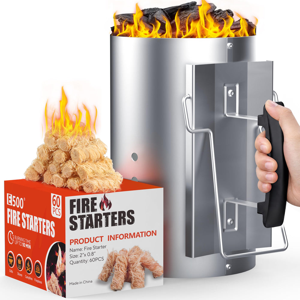 E500 front view of chimney starter showing durable galvanized steel and vents for quick ignition