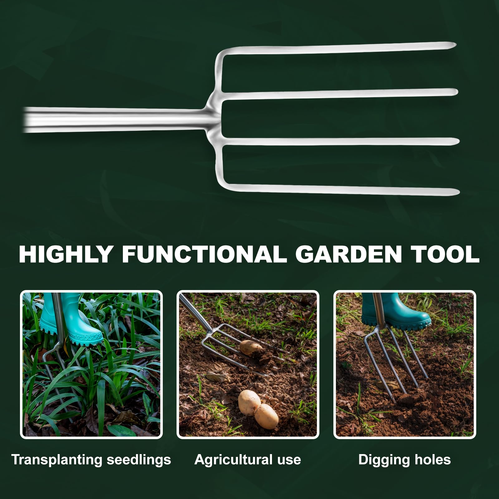Eadwiella pitchfork beside shoe to show 43-inch length and leverage