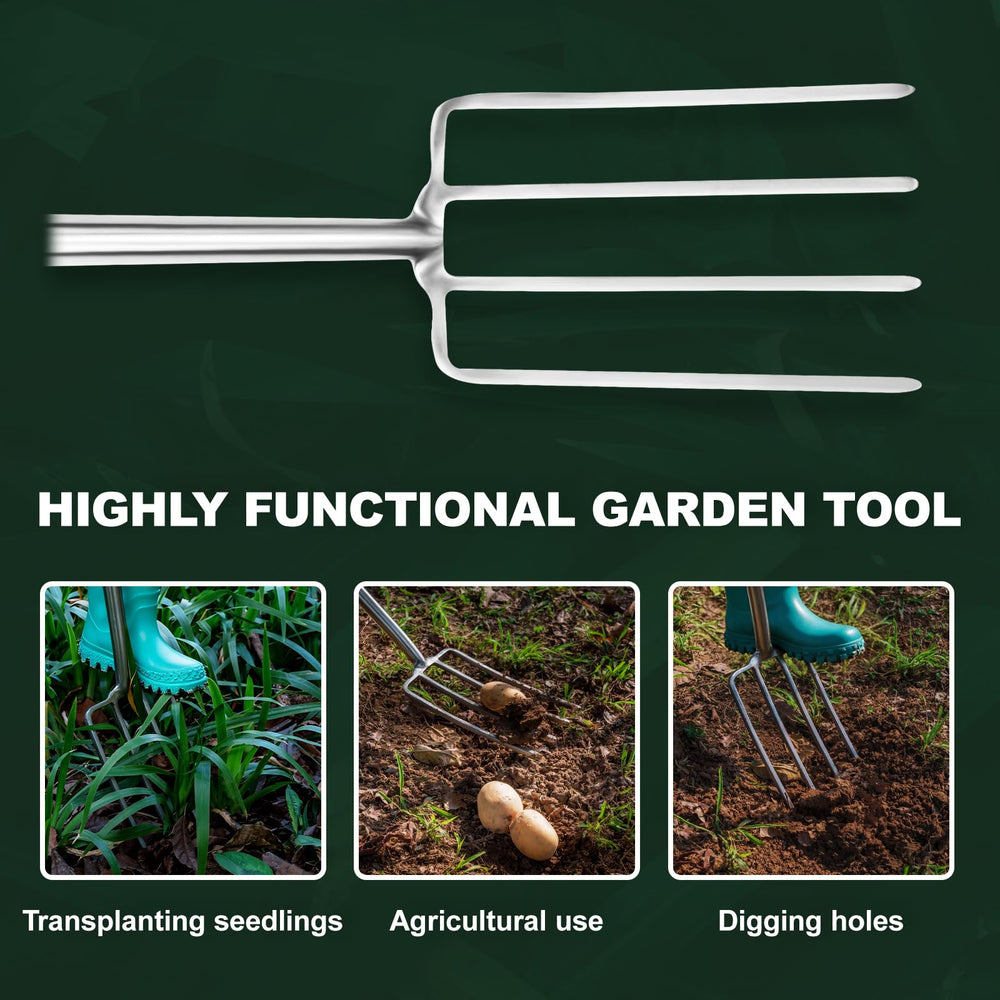 Eadwiella pitchfork beside shoe to show 43-inch length and leverage