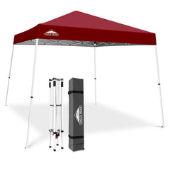 EAGLE PEAK canopy front view showing burgundy roof and coverage benefit