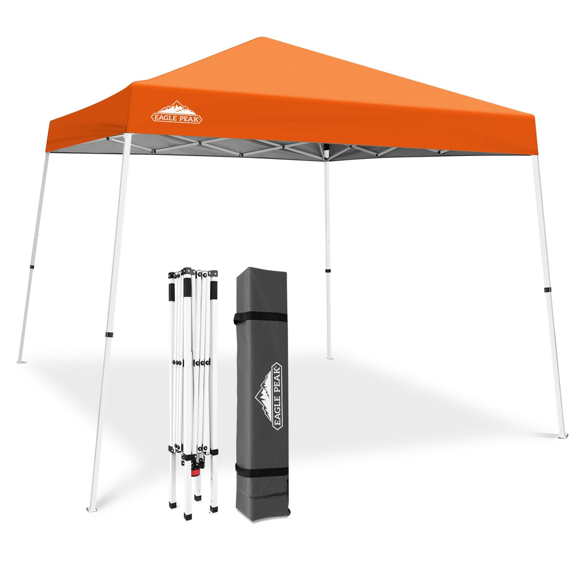 EAGLE PEAK front view of assembled orange canopy showing portable shelter benefit