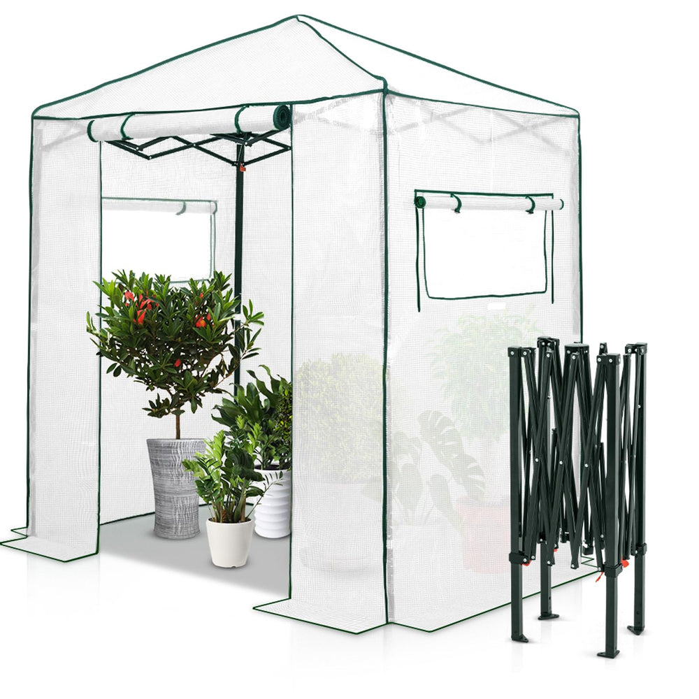 EAGLE PEAK front view clear white greenhouse showing compact footprint and accessibility