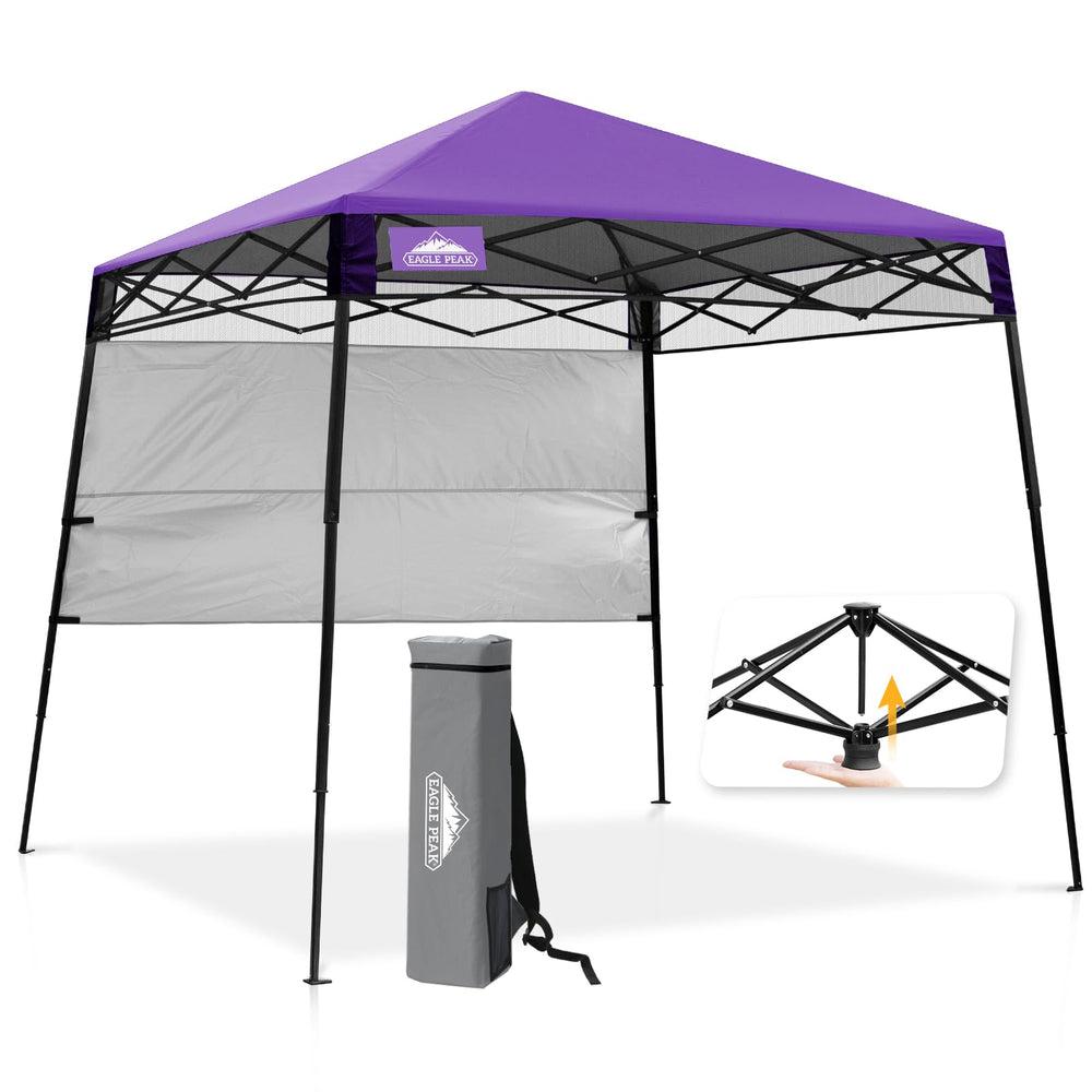 EAGLE PEAK front view purple canopy showing instant shade benefit