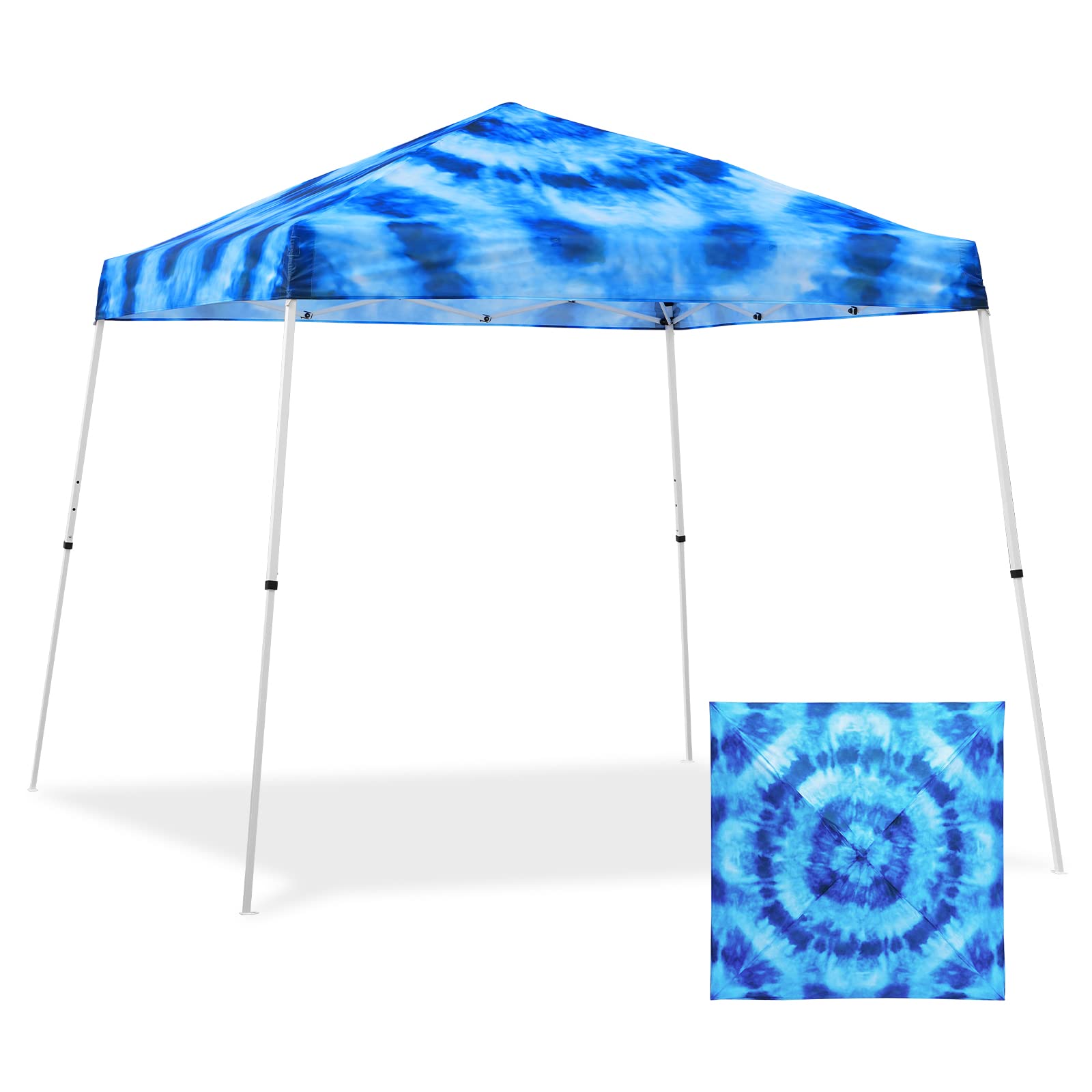 EAGLE PEAK front view tie dye blue canopy showing portable shade benefit