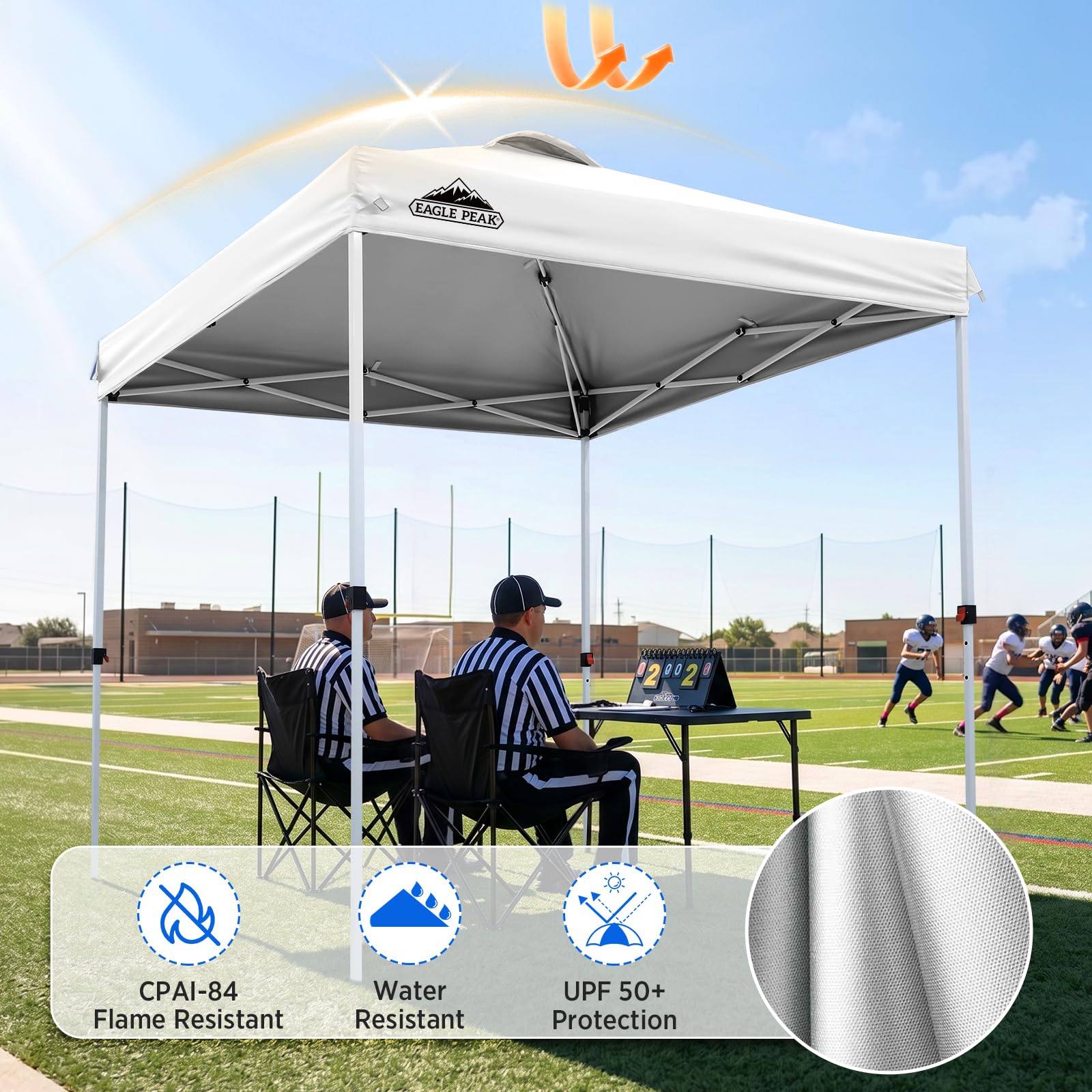 EAGLE PEAK canopy in use at beach providing quick shade for outdoor comfort