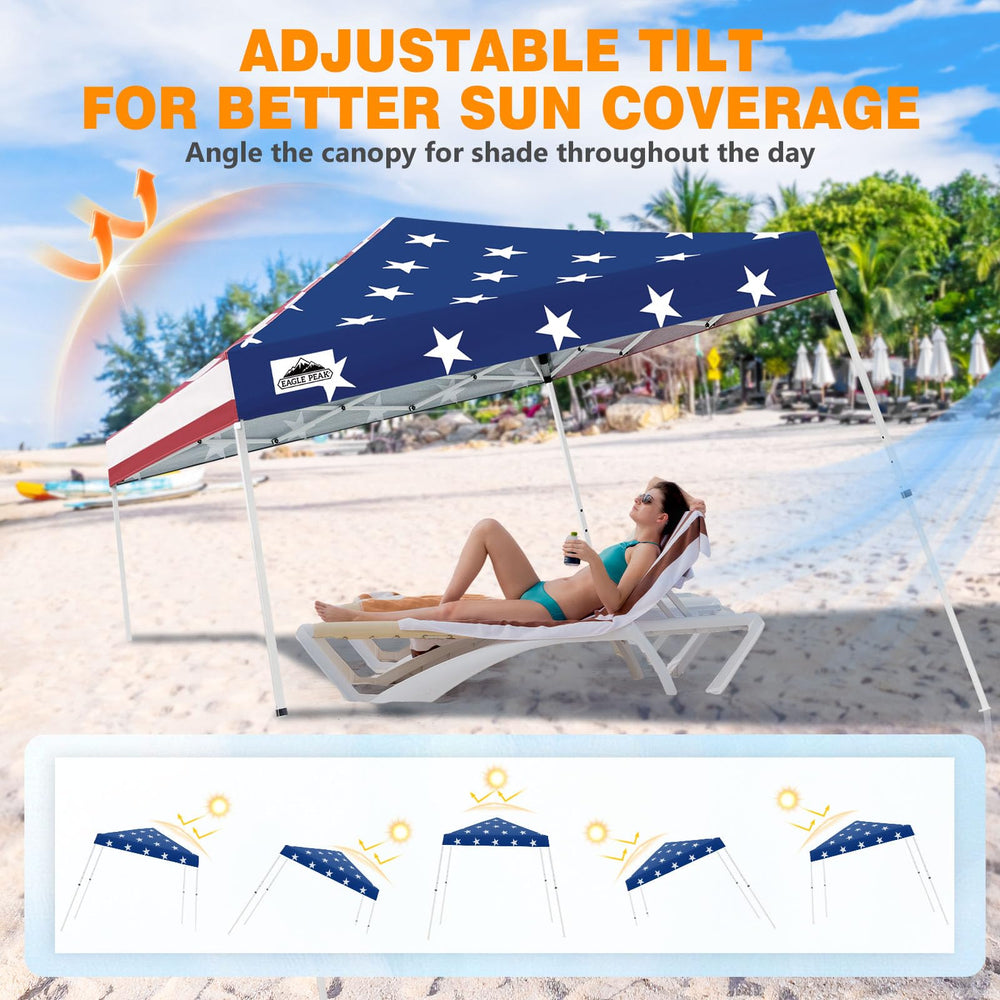 EAGLE PEAK tent over table and chairs illustrating 10x10 usable coverage