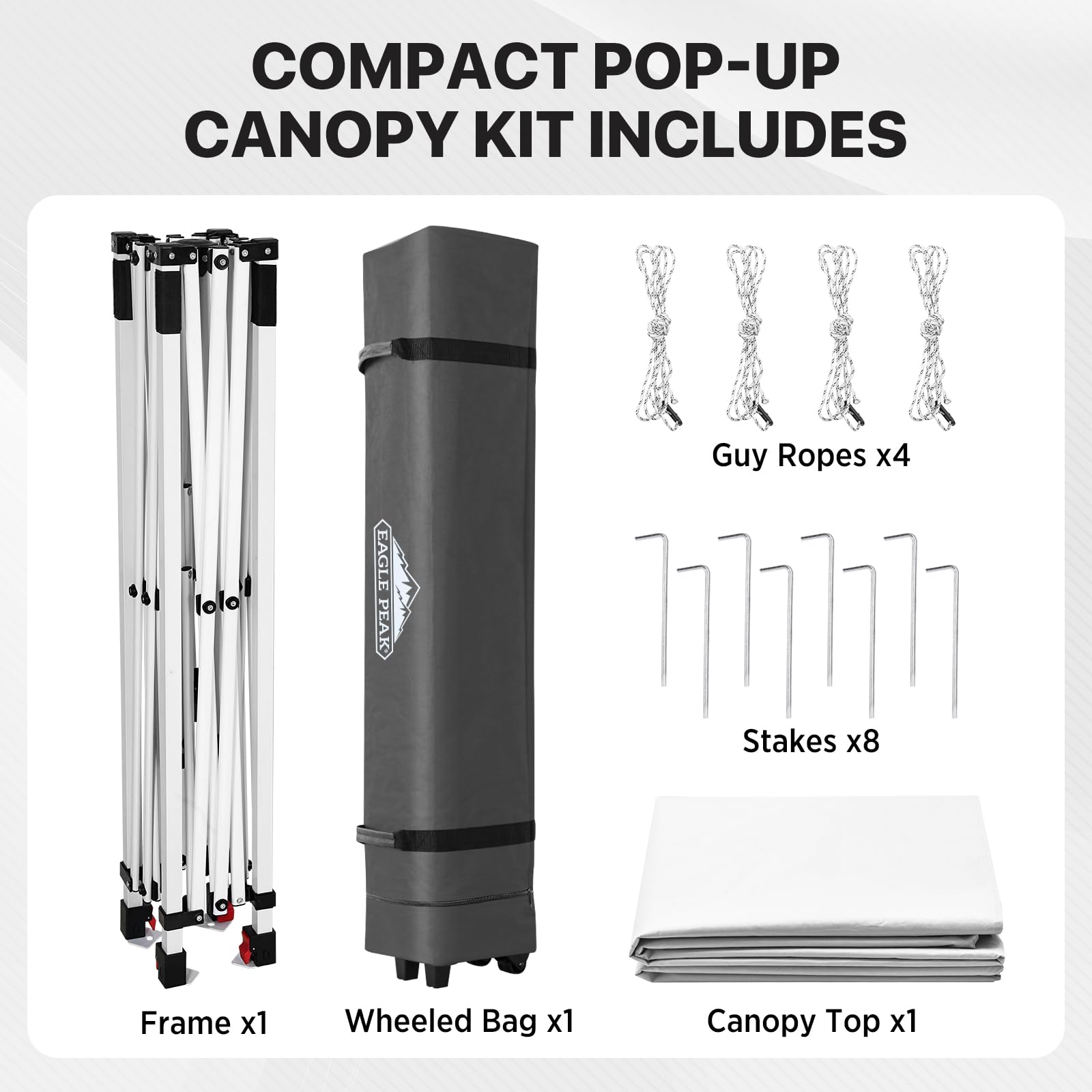 EAGLE PEAK canopy next to person illustrating compact 6.6x6.6 ft coverage