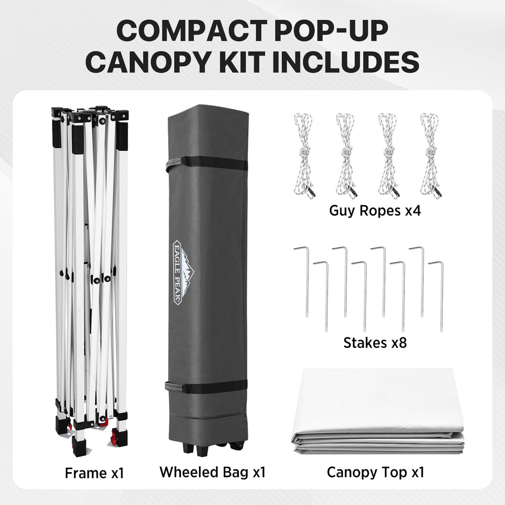 EAGLE PEAK canopy next to person illustrating compact 6.6x6.6 ft coverage