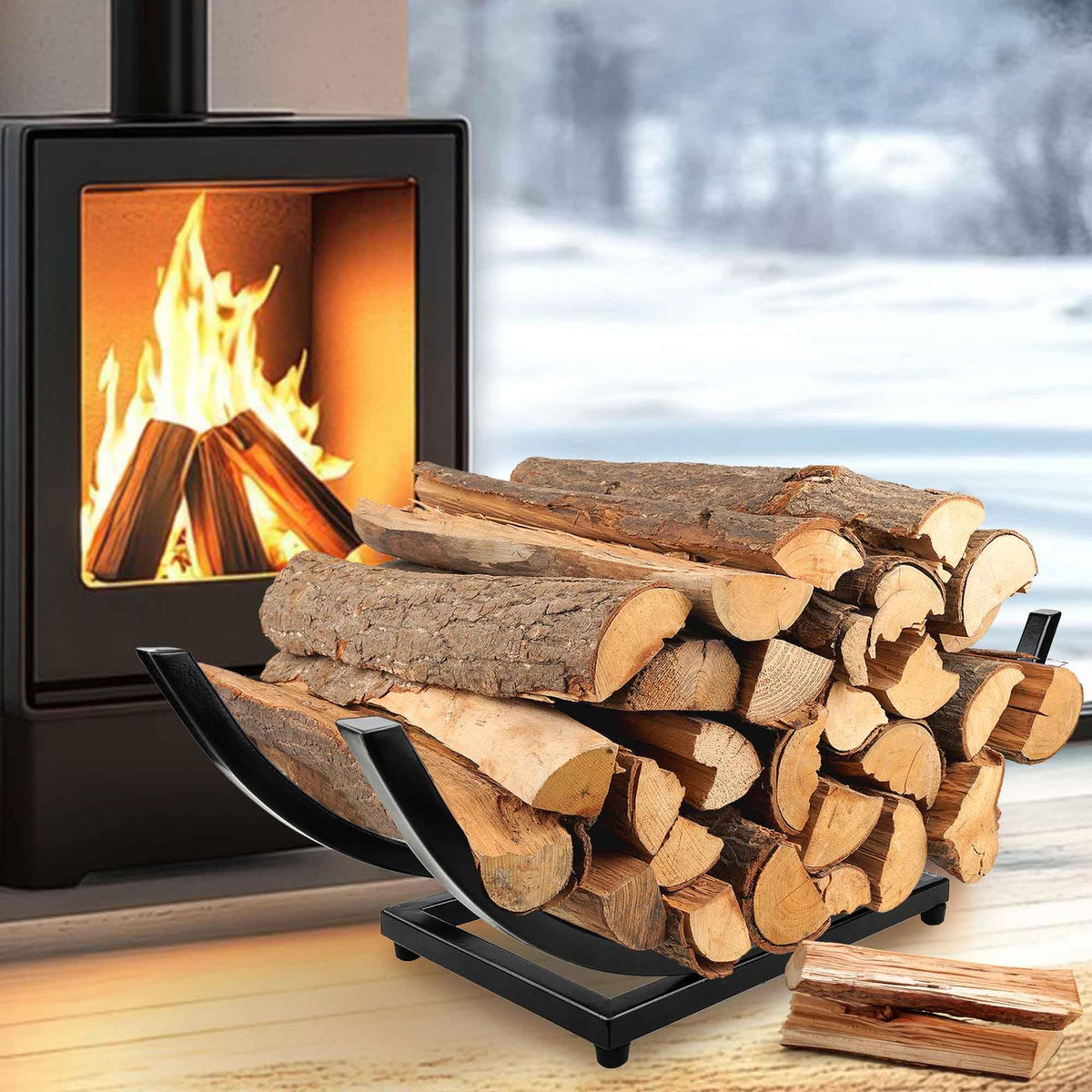 EALPVIS front view of compact steel firewood rack showing sturdy storage benefit