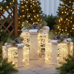 EAMBRITE front view of three lighted gift boxes showing coordinated glow and style