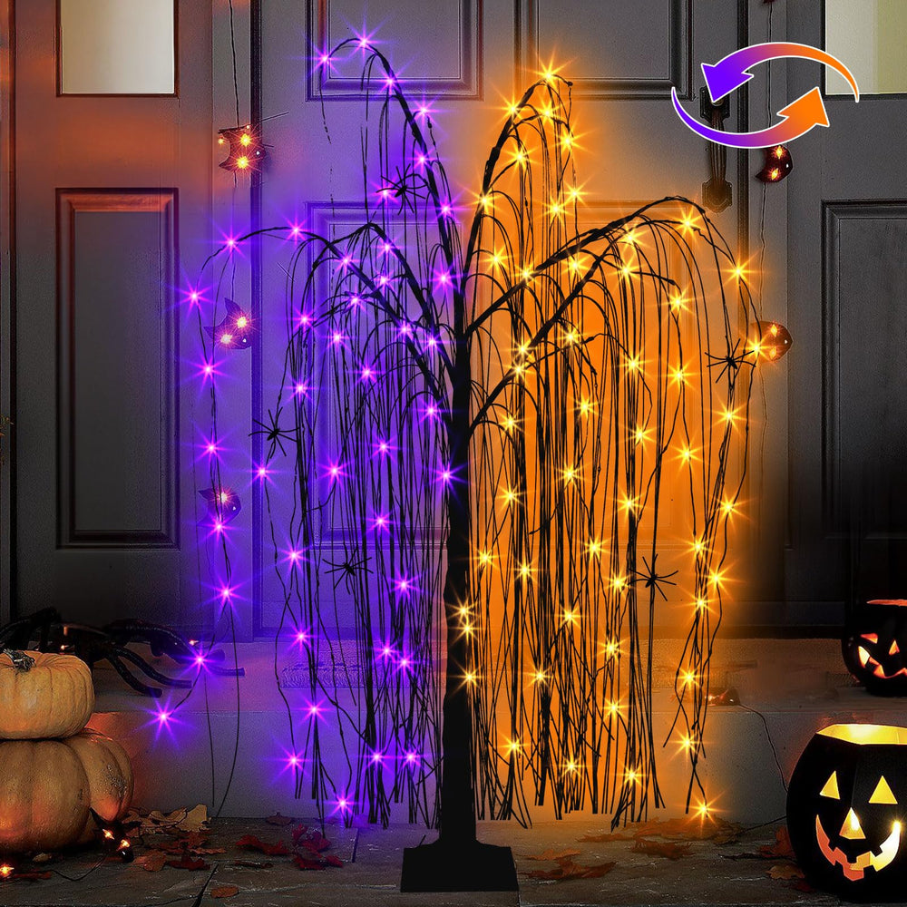EAMBRITE front view of lighted willow tree showing spooky silhouette and benefits of instant setup