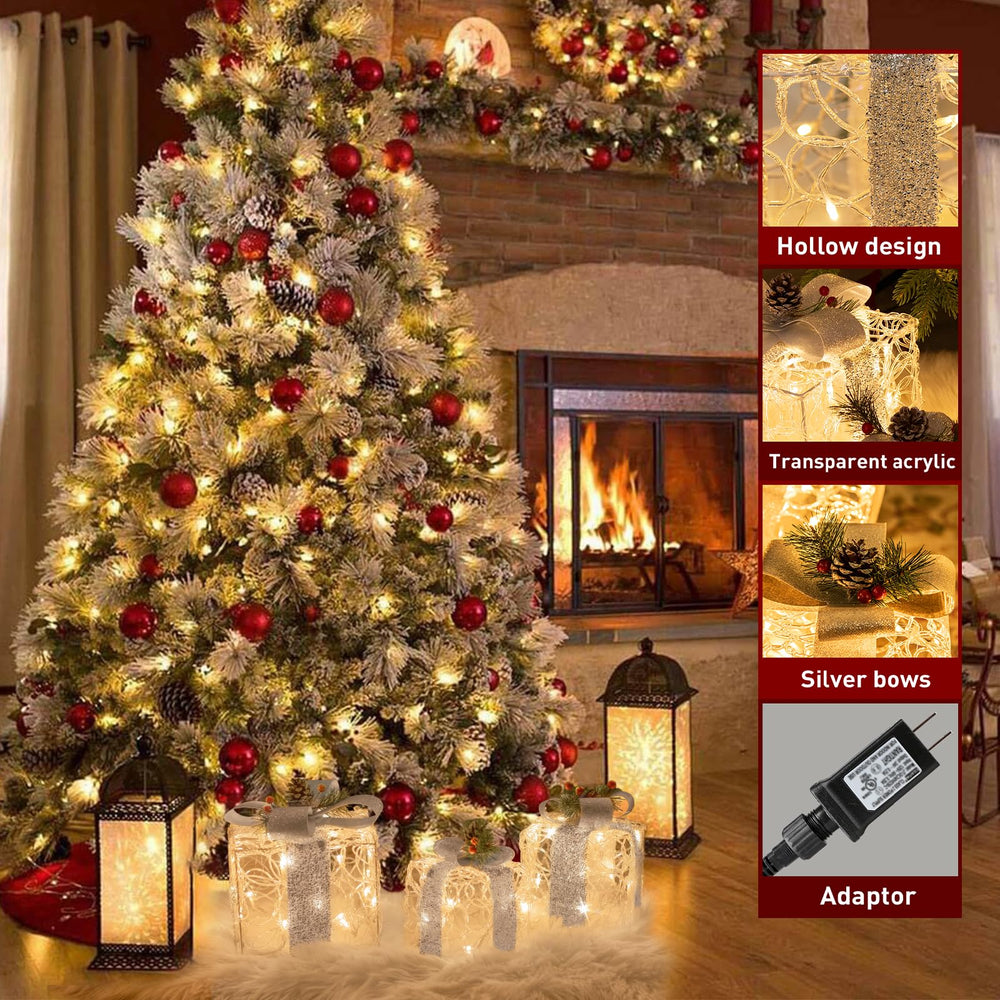 EAMBRITE lit gift boxes on porch at night providing welcoming warm light