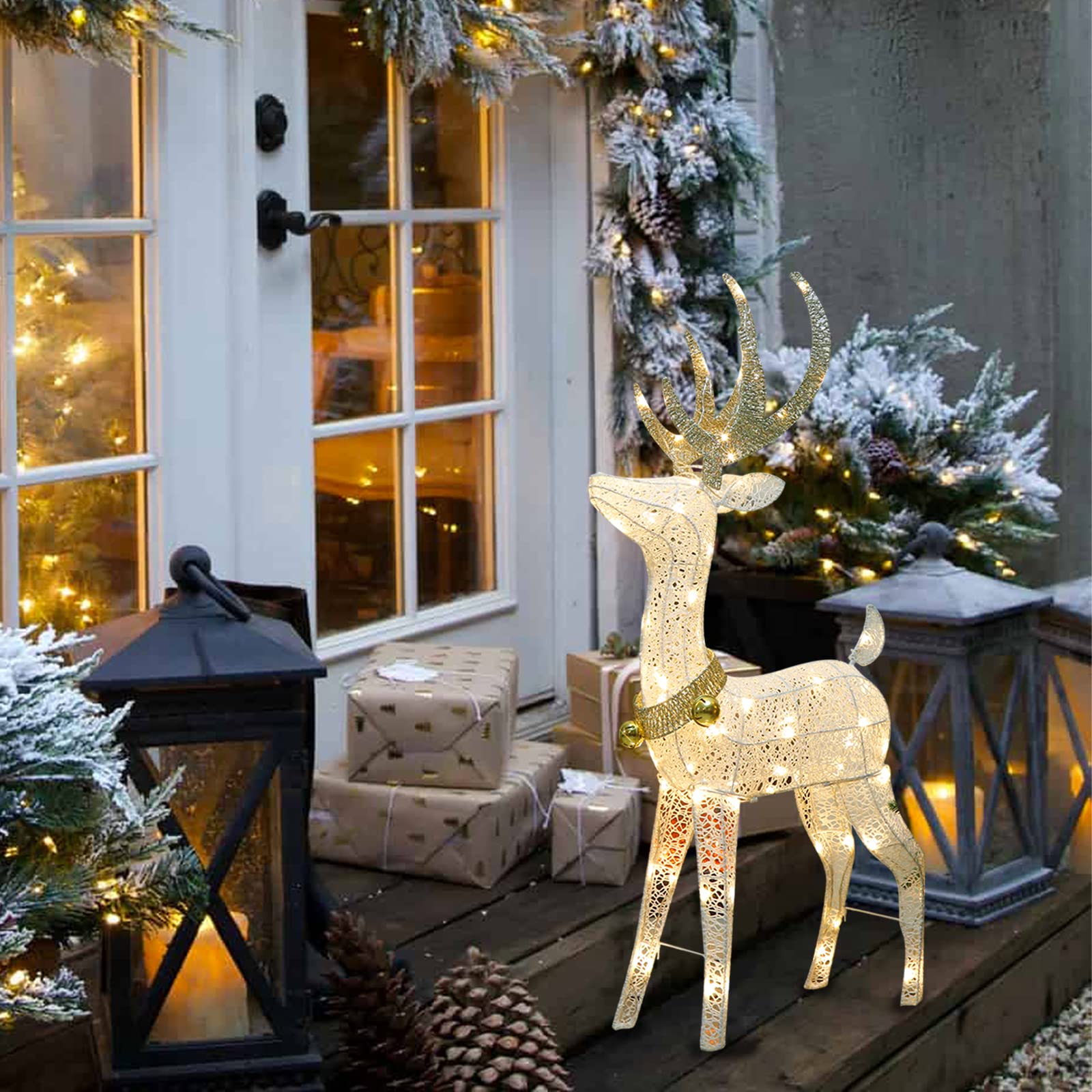 EAMBRITE porch scene with reindeer and string lights showing cohesive holiday styling