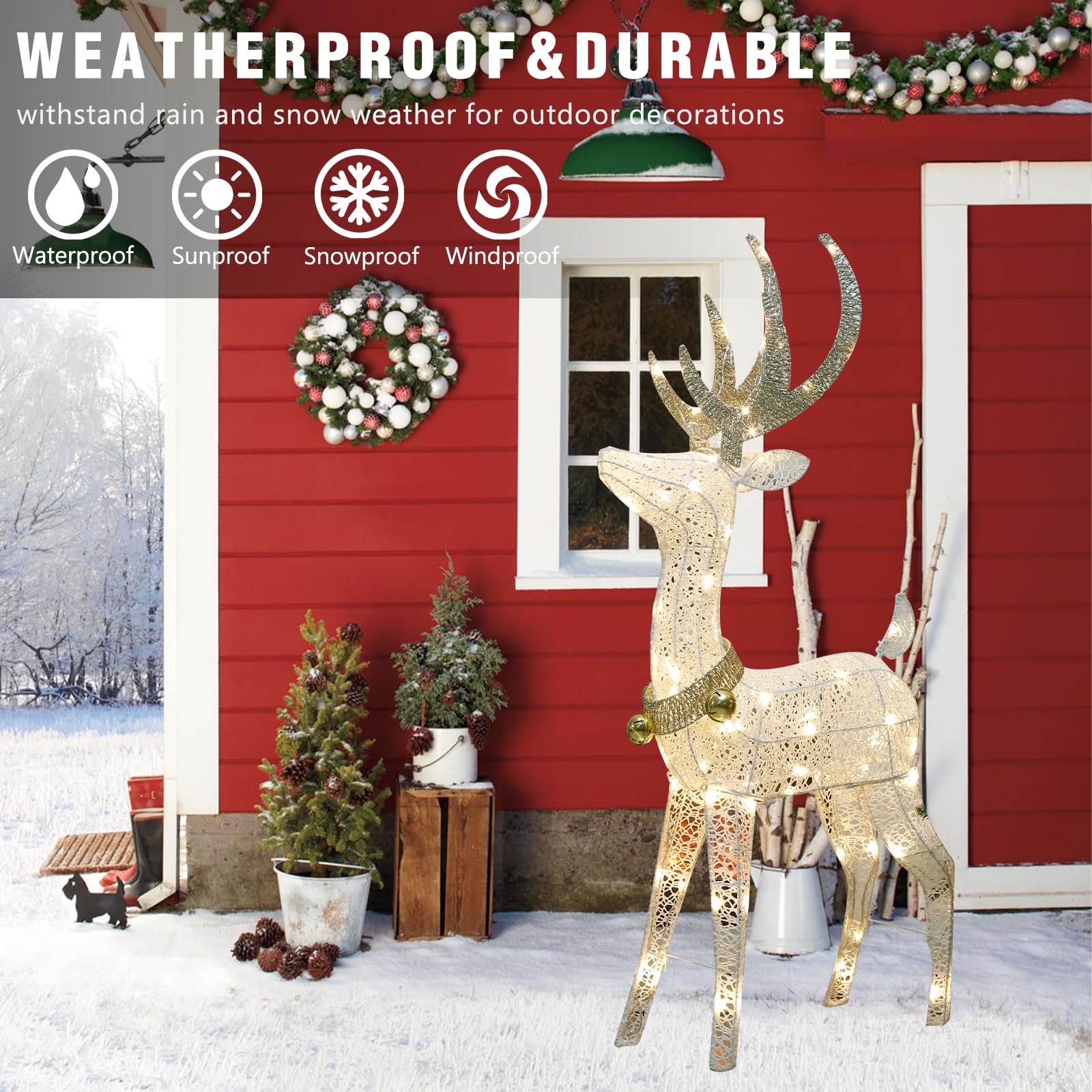 EAMBRITE reindeer next to adult for scale illustrating 48-inch height and presence