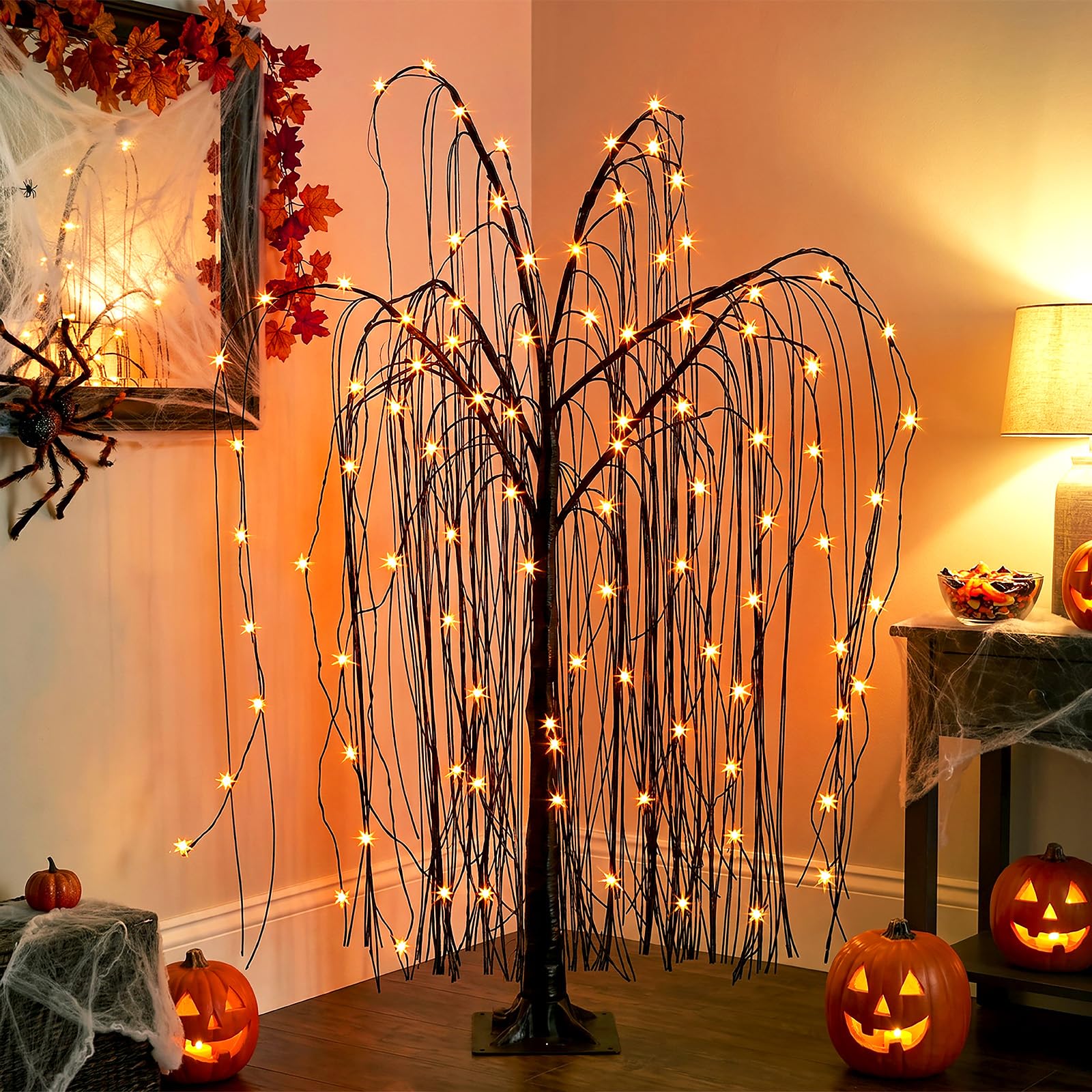 EAMBRITE spiders and web decor close-up showing included accents for instant Halloween mood